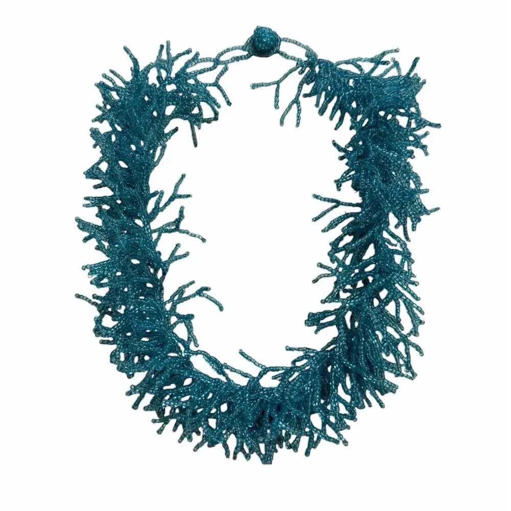 Aqua Blue Seed Bead Statement Choker Necklace 16–17”